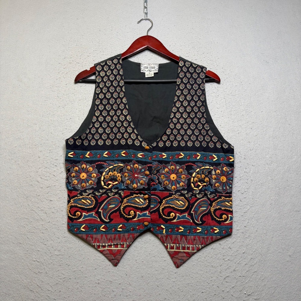 Leena Studio Vest Mens M Blue Red Paisley Wood Bead Vintage 70s Cotton ET40